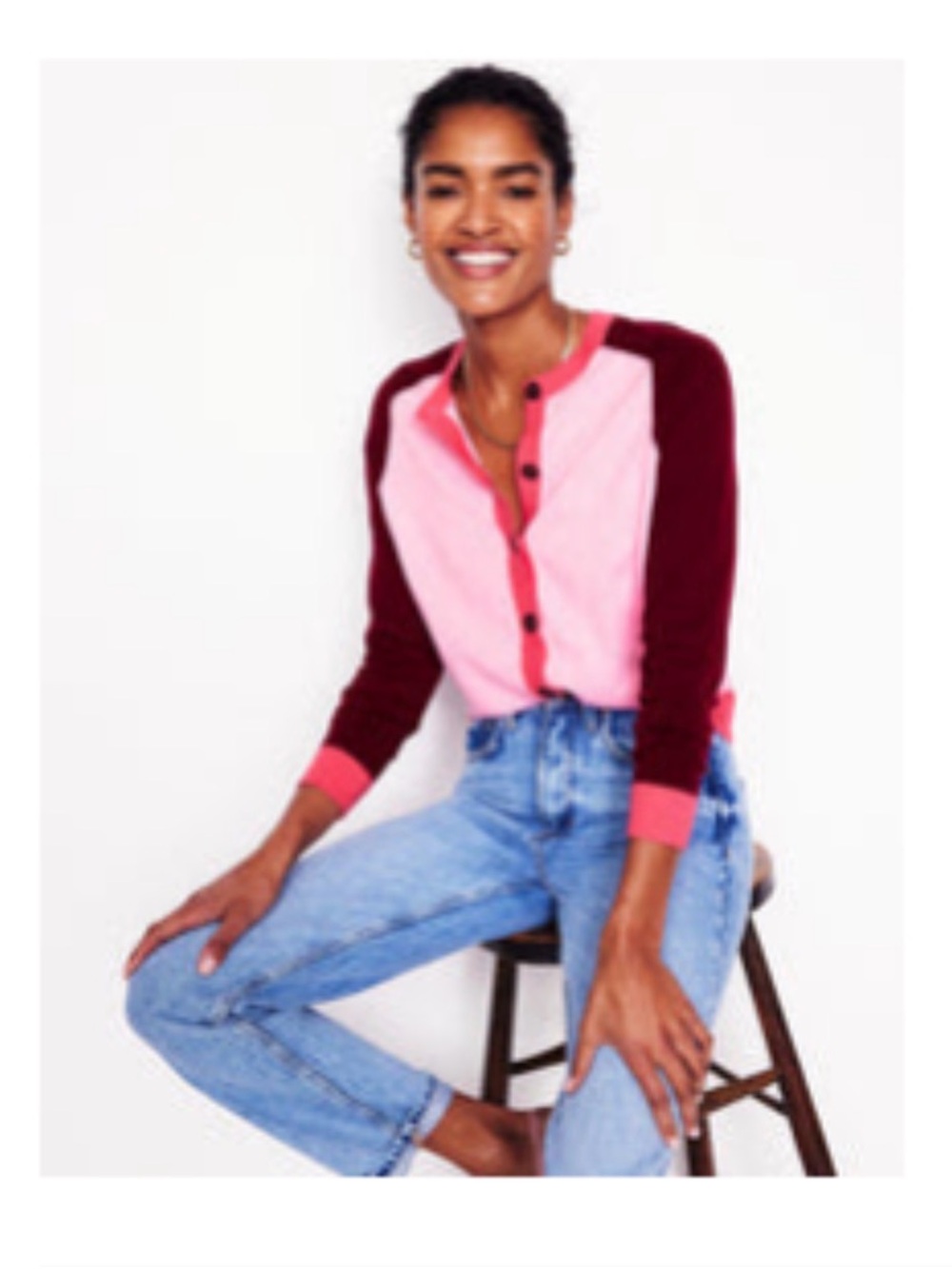 BODEN Meg Saddle Sleeve Cardigan-Soft Pink, Colourblock Size M